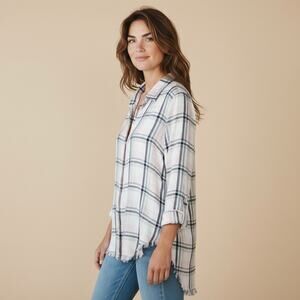 Anthropologie Cloth & Stone Plaid Fringe Button Down Lightweight Top Pink Sz M